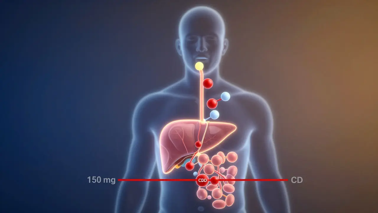Eine Silhouette mit dem menschlichen Endocannabinoid-System und einer Warnschwelle bei 150 mg CBD.