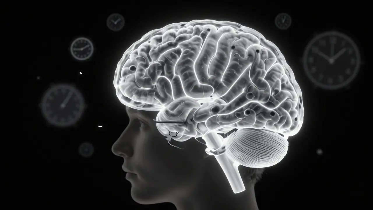 Gehirnscan mit vermindertem grauer Substanz im präfrontalen Kortex, symbolisch dargestellt als verwirrte Gedanken.