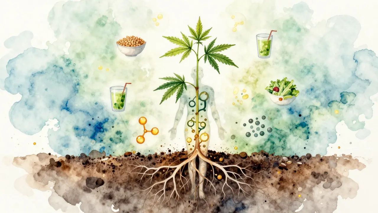 Hänfepflanze mit Nährstoffsymbolen, die in einen menschlichen Körper fließen