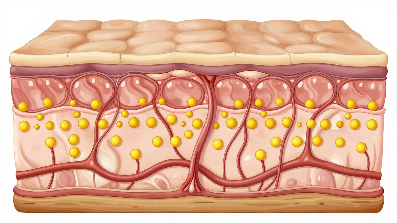 Hautschichten-Darstellung mit CBD in oberen Schichten