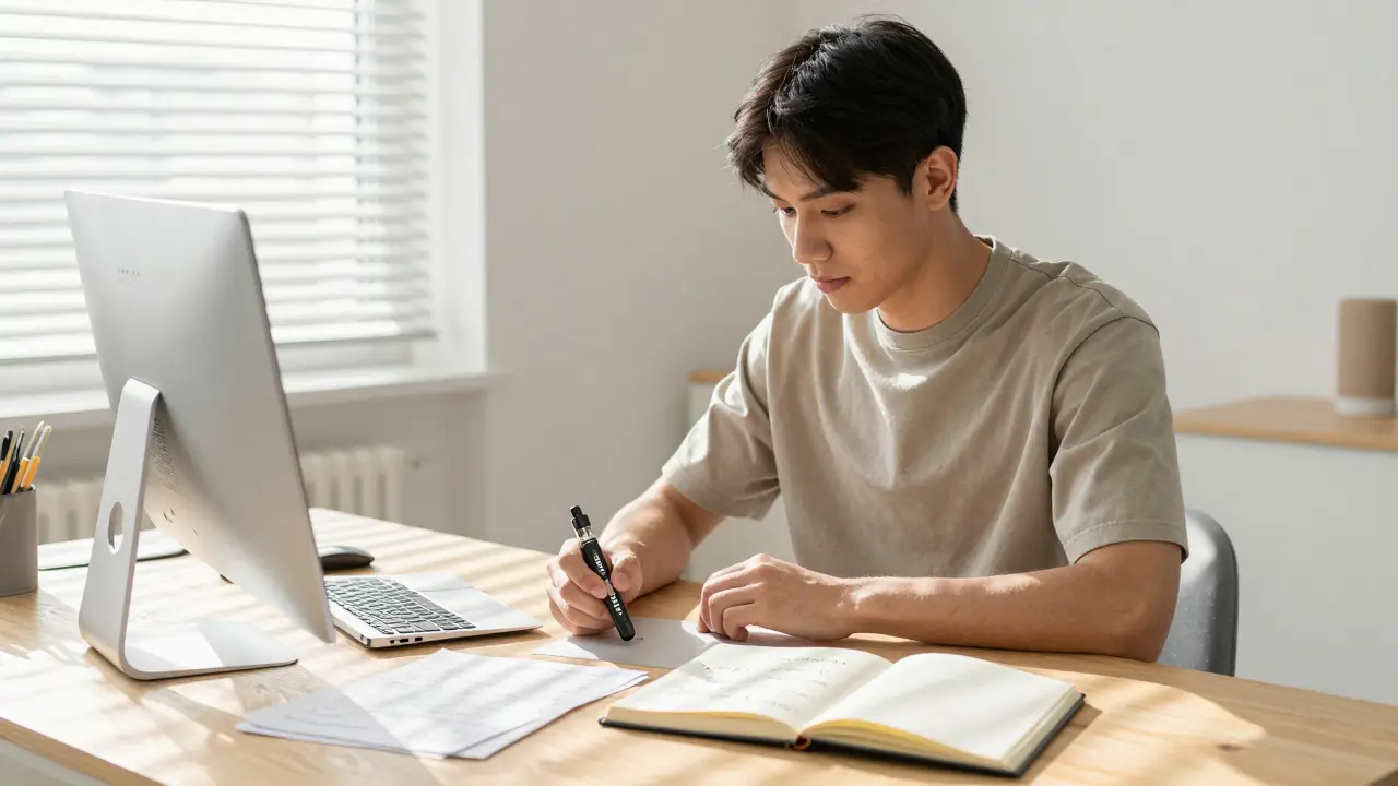 Jemand arbeitet konzentriert am Morgen mit einem H4CBD-Vape, sonniges Zimmer und ordentlicher Schreibtisch.