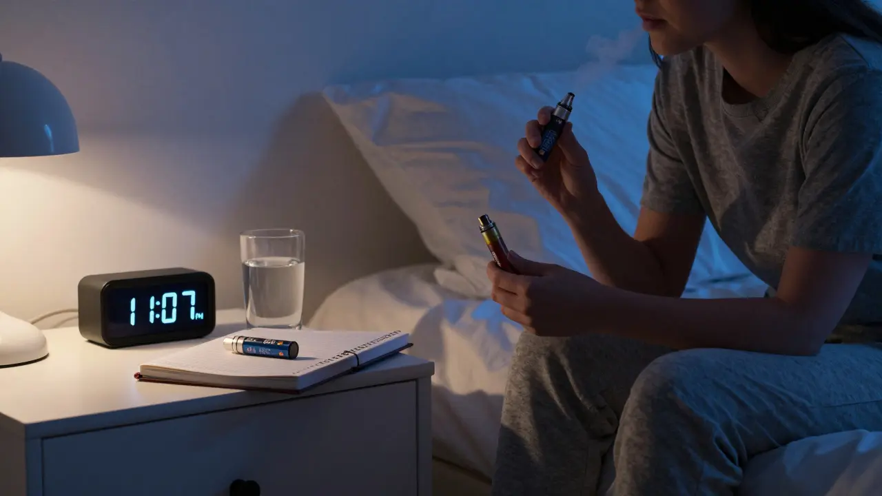 Jemand zieht abends sanft an einer CBD-Kartusche im Bett, es ist still und dunkel, ein Glas Wasser steht auf dem Nachttisch.