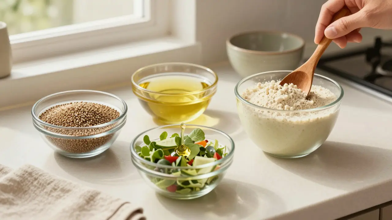 Küchentheke mit Hanfsamen, Hanföl und Hanfpulver in Schalen, bereit für gesunde Ernährung