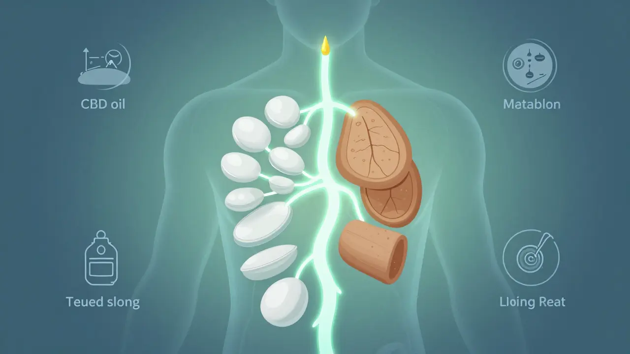 Künstlerische Darstellung, wie CBD weiße Fettzellen in braune, energieverbrauchende Zellen umwandelt – mit Symbolen für Schlaf und Stressabbau.