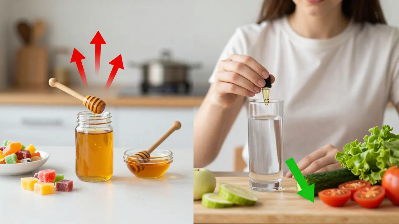 Linker Teil: CBD-Öl mit Zucker kombiniert; rechter Teil: CBD-Öl mit gesunden Lebensmitteln – visueller Kontrast von ungesunder und gesunder Ernährung.