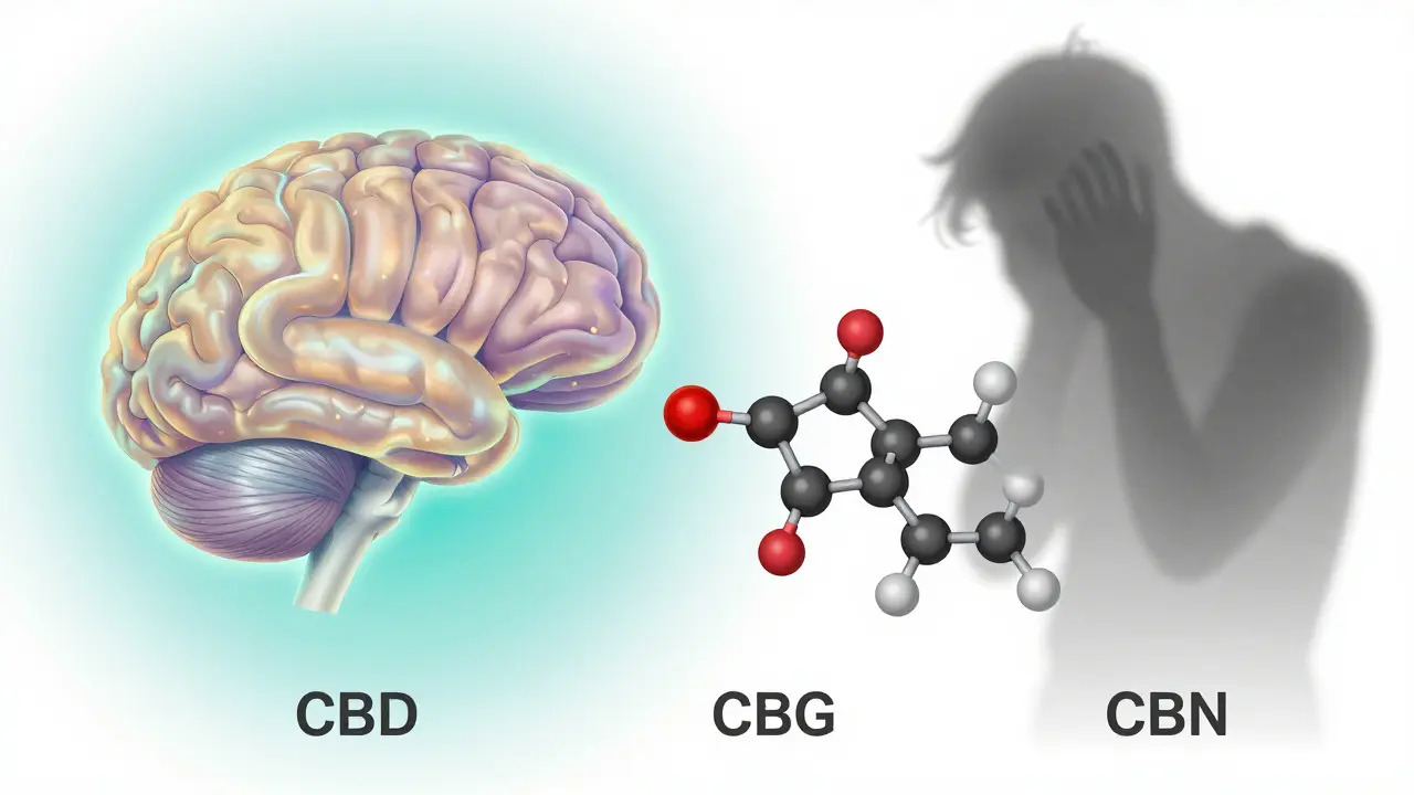 Moleküle von CBD, CBG und CBN interagieren mit Rezeptoren im Gehirn, während Angst im Hintergrund verschwindet.