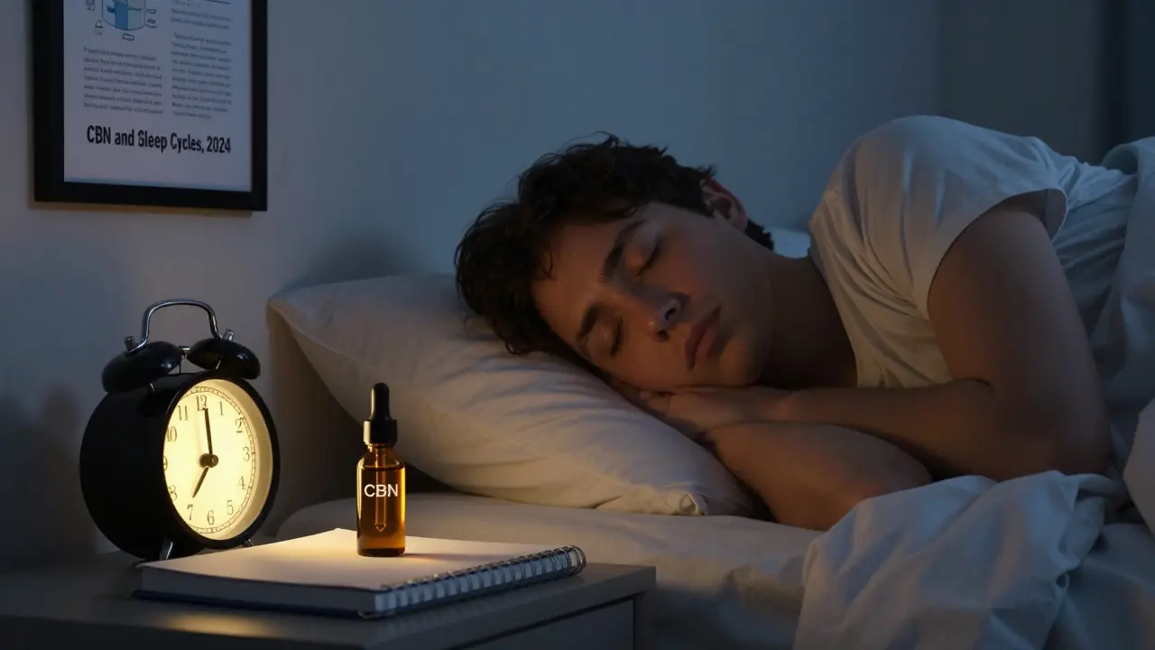 Person schläft friedlich, CBN-Öl auf dem Nachttisch, symbolisiert besseren Schlaf.