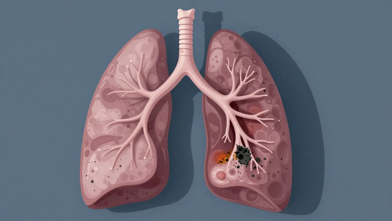 Querschnitt einer geschädigten Lunge mit Teerablagerungen, neben einem einzelnen Joint.