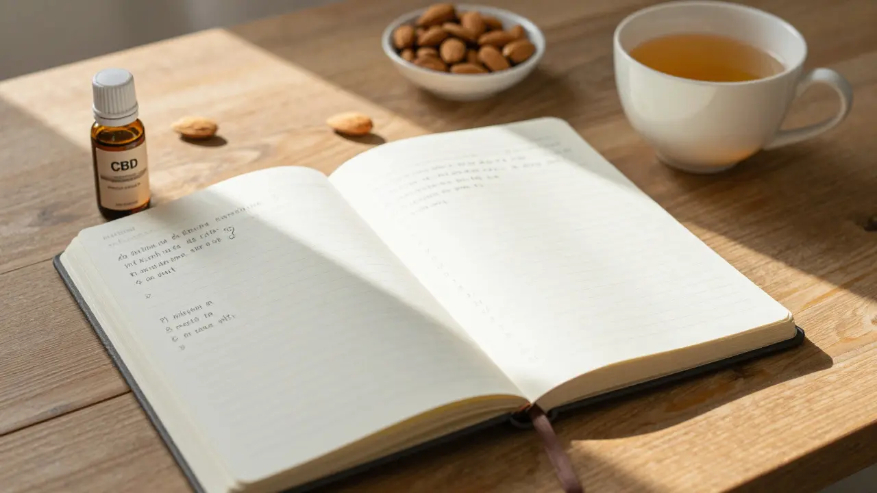 Tagebuch mit CBD-Einnahme-Notizen, Nüsse und Tee auf einem Holztisch.