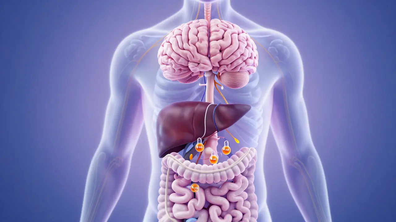 Transluzenter menschlicher Körper mit goldenen Pfaden, die CBD-Wirkung auf Gehirn, Leber und Wirbelsäule zeigen.