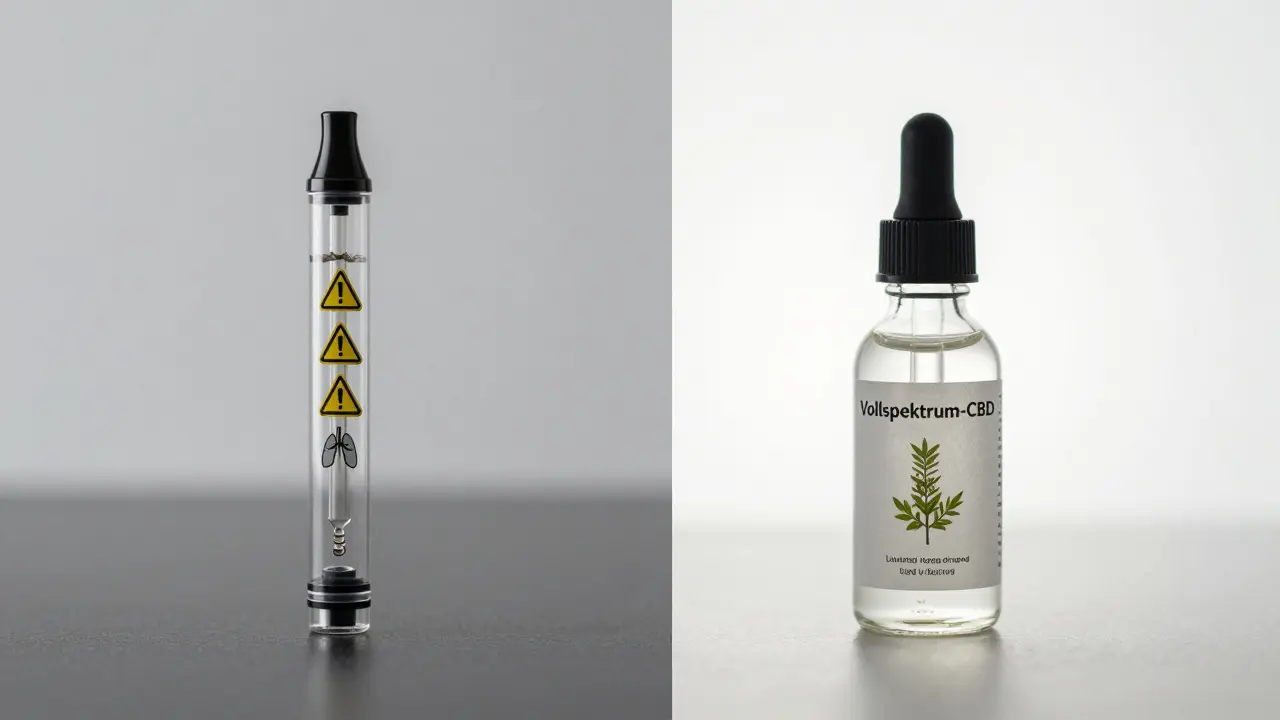 Vergleich: Ein sicheres CBD-Öl mit Laborzertifikat gegenüber einem riskanten Vape-Produkt mit Warnsymbolen.