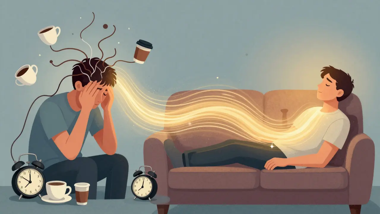 Vergleich: gestresste Person mit wirren Kabeln links, entspannte Person mit sanftem Licht rechts.