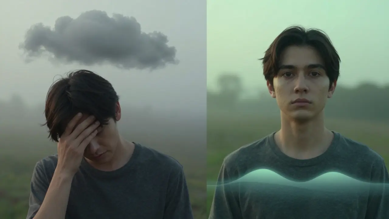 Vergleich zweier Zustände: verwirrte Person mit Nebel vs. klare, ruhige Person mit sanftem Licht.