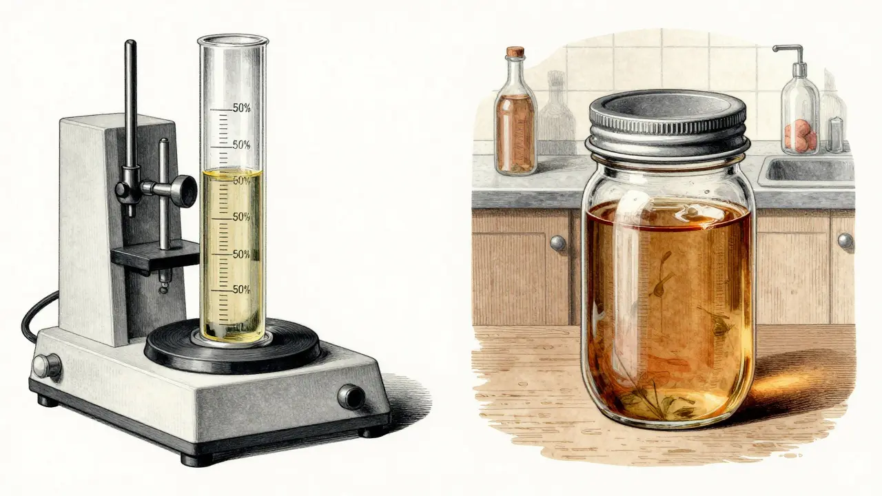 Zwei Glasbehälter: Laborvial mit 50% Ethanol und Hausmasonjar mit 95% Ethanol. Makrofotografie, Schärfentiefe.