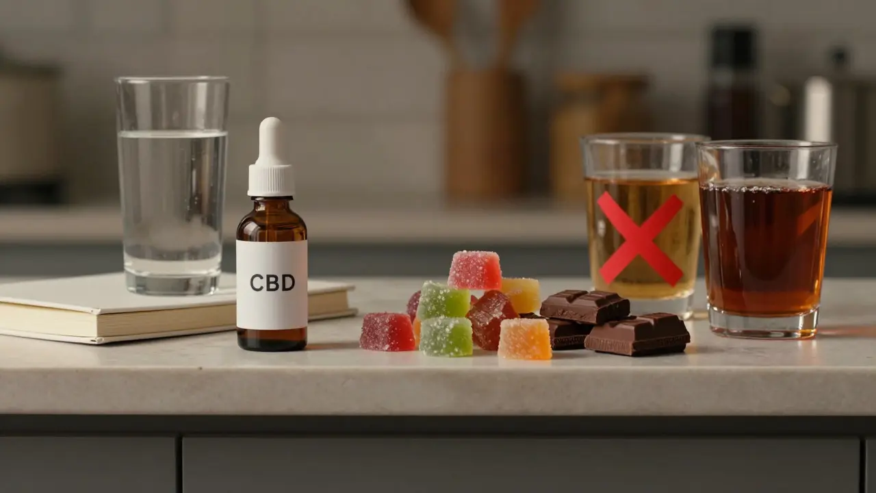 Zwei Regale: eines mit reinem CBD-Öl, das andere mit zuckerreichen CBD-Süßigkeiten – zeigt, dass Zusätze, nicht CBD, für Gewichtszunahme verantwortlich sind.