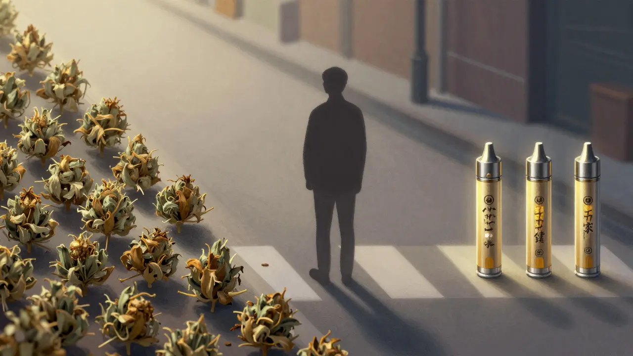 Zwei Wege: HHC-Blüten im Licht vs. Carts im Schatten – eine Entscheidung.