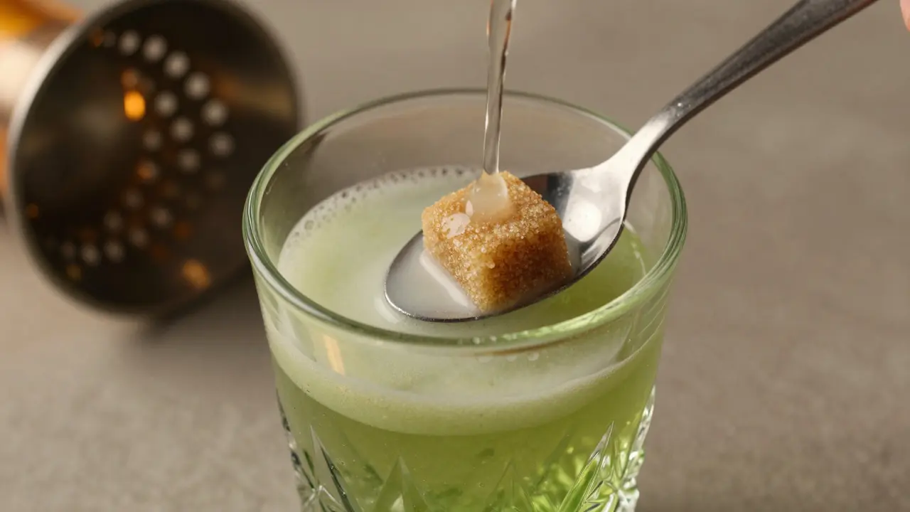 Absinthritual mit Löffel, Zuckerwürfel und Wasser im Kristallglas.