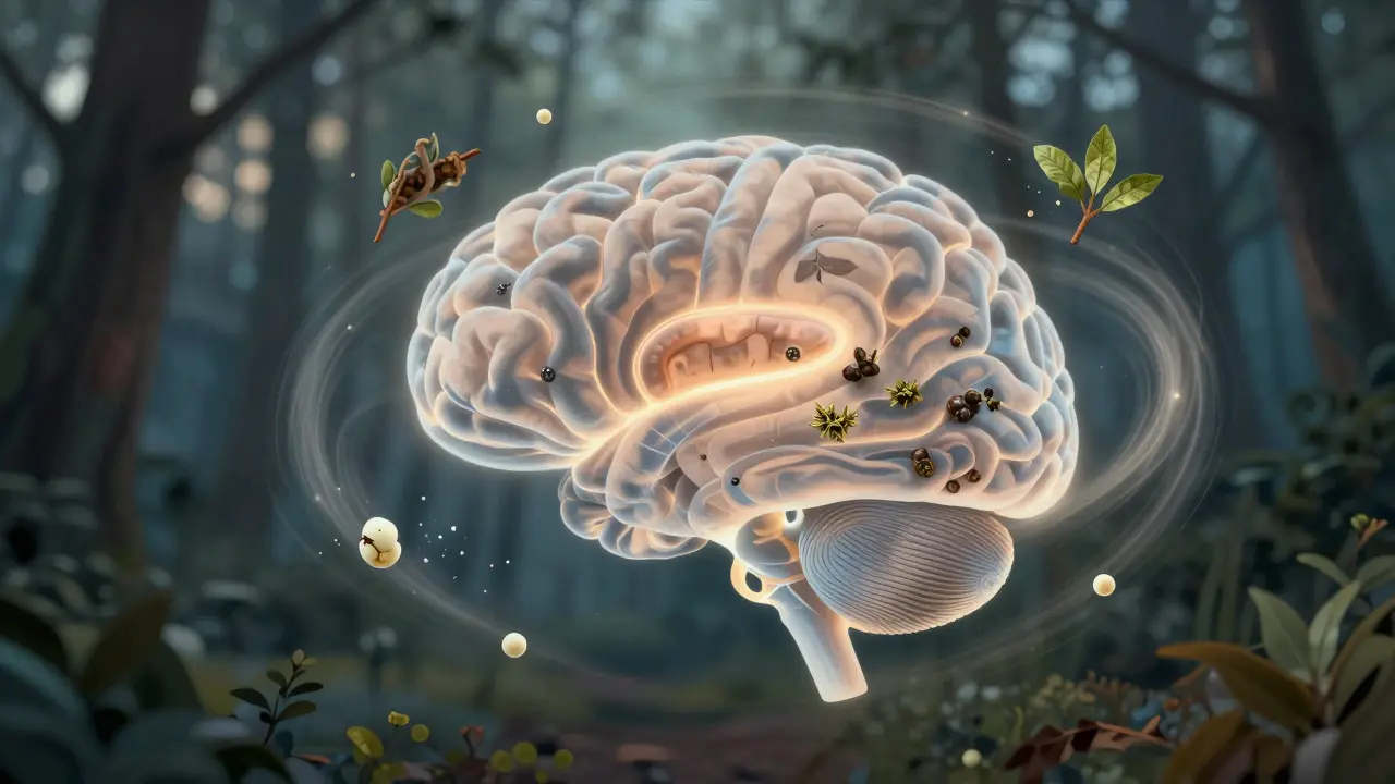 Abstrakte Darstellung eines Gehirns, bei dem die Angstzentrale durch natürliche Terpene beruhigt wird, umgeben von sanften Dunstwolken.