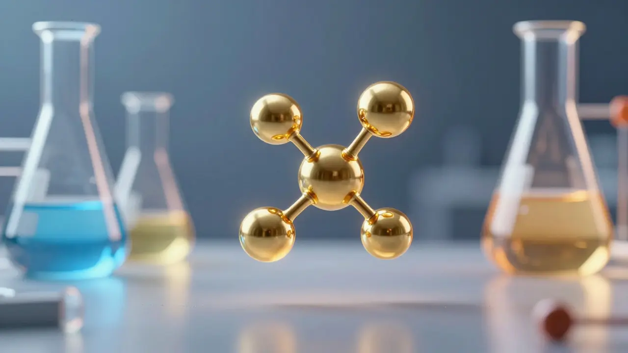 Abstrakte Darstellung molekularer Struktur im Laborumfeld mit Glasmessgeschirr