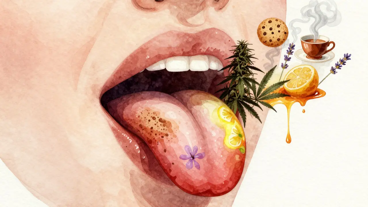 Abstrakte Zunge mit Geschmacksnoten von Lavendel, Zitrone und Schokolade, verwoben mit kulinarischen Elementen.