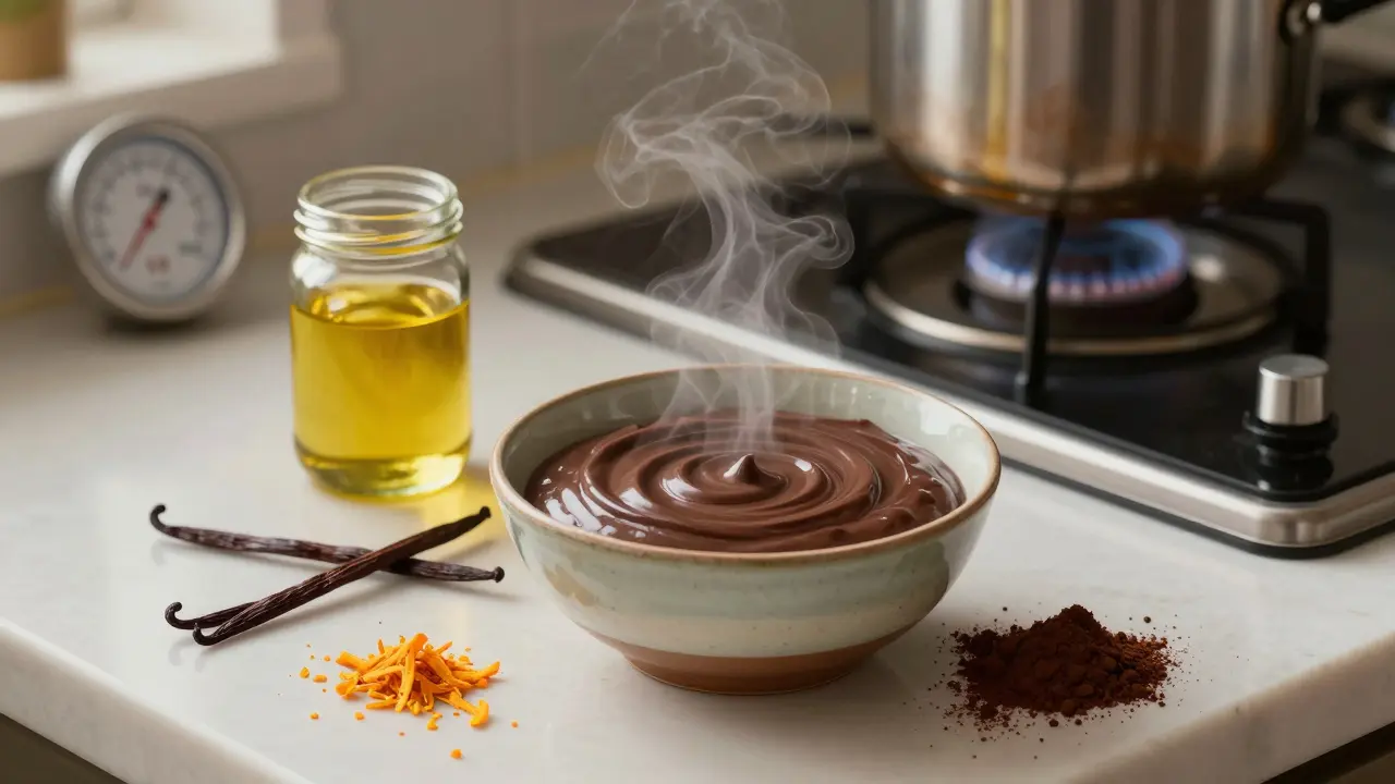 Cannabis-Infusion in Schokoladenpudding mit Vanille und Orangenschale, sanft erwärmt auf dem Herd.