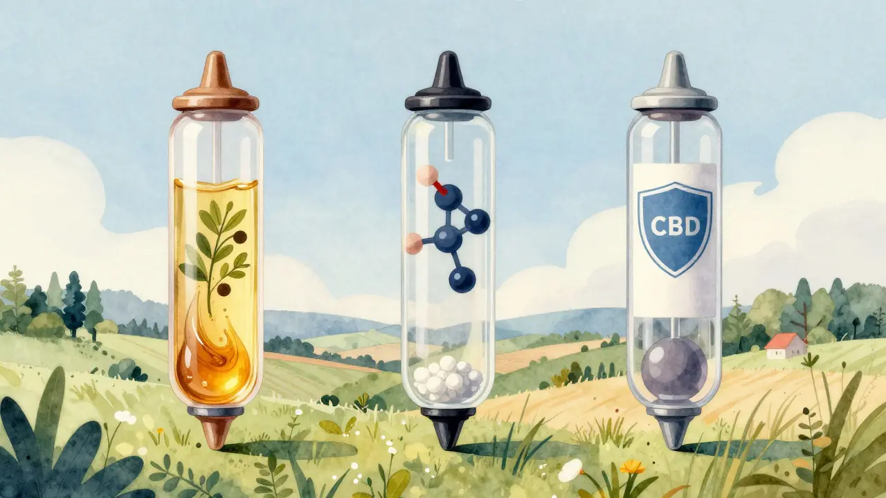 Drei CBD-Kartuschen mit unterschiedlichen Inhaltsstoffen: Terpene, Isolat und Laborzertifikat.