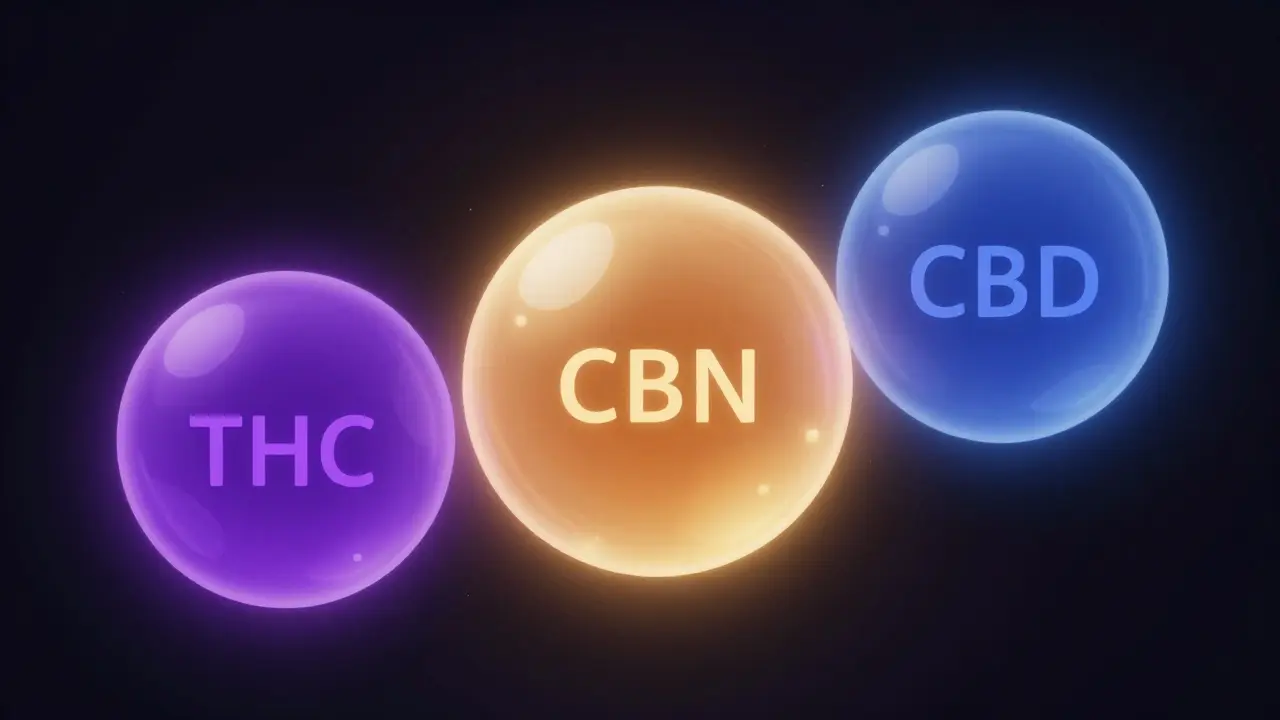 Drei leuchtende Kugeln zeigen unterschiedliche Cannabinoid-Wirkungen