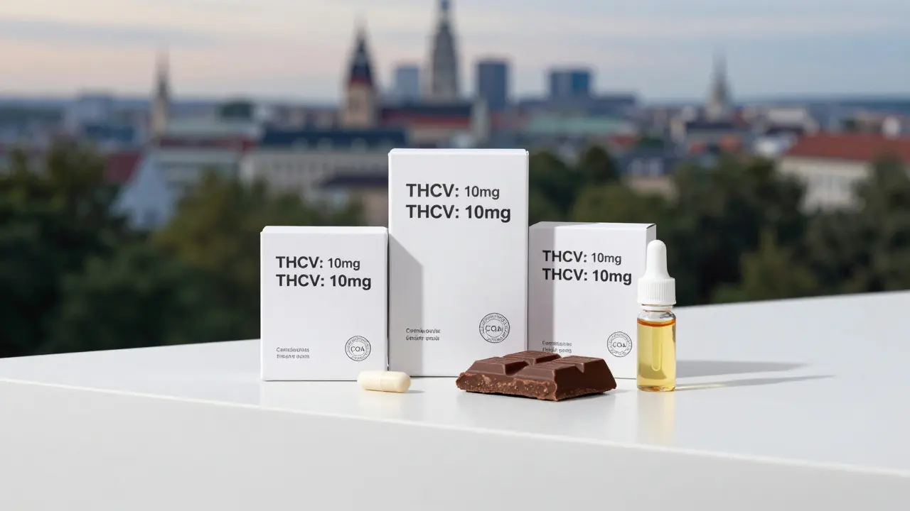 Drei THCV-Edibles mit klaren Kennzeichnungen und COA-Zertifikat auf weißem Hintergrund.