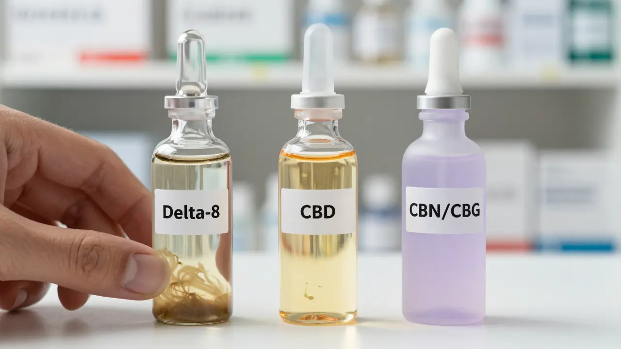 Drei Vials: Delta-8 mit Verunreinigungen, CBD und CBN/CBG als sichere Alternativen.