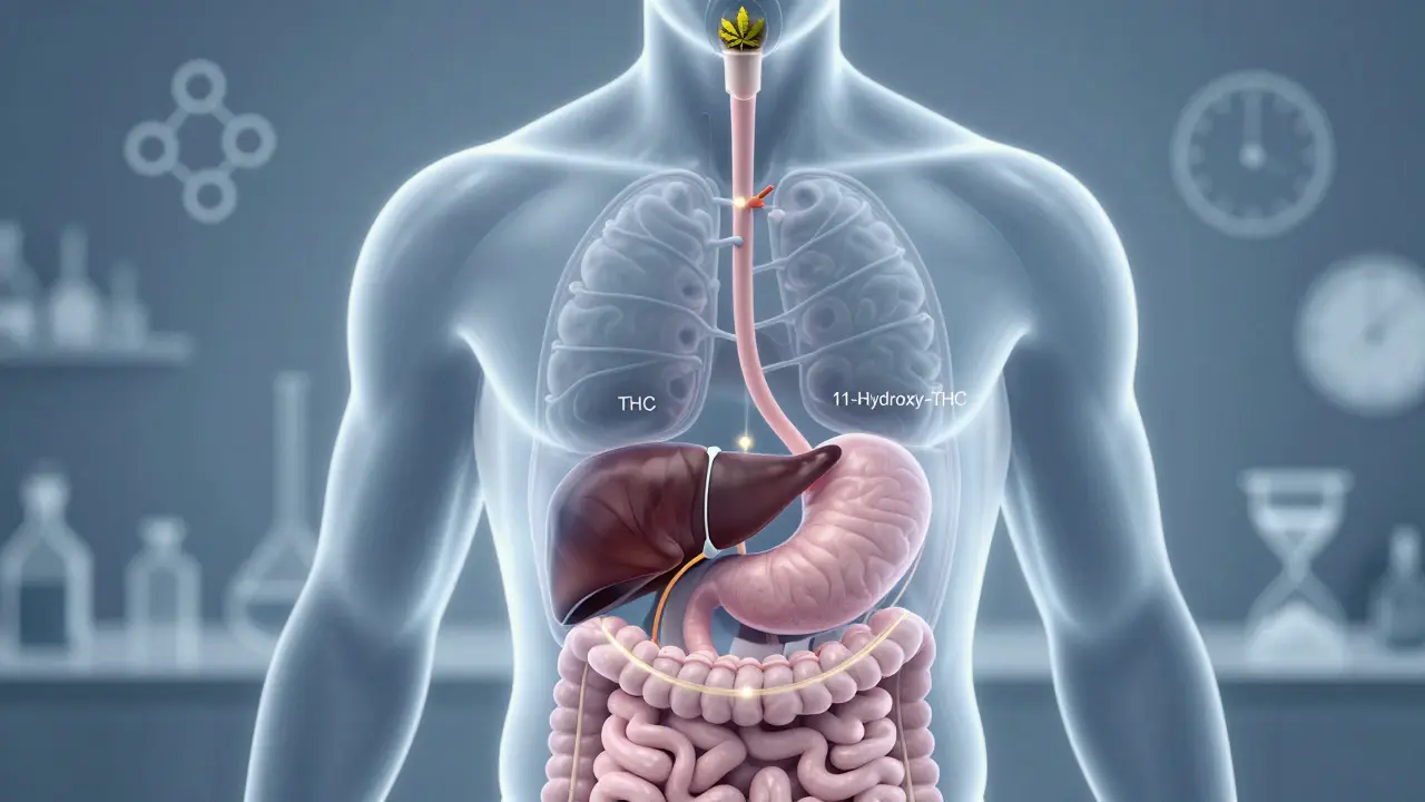 Durchsichtige Darstellung des Körpers, die den Weg einer Cannabis-Edible von der Verdauung über die Leber zum Gehirn zeigt.