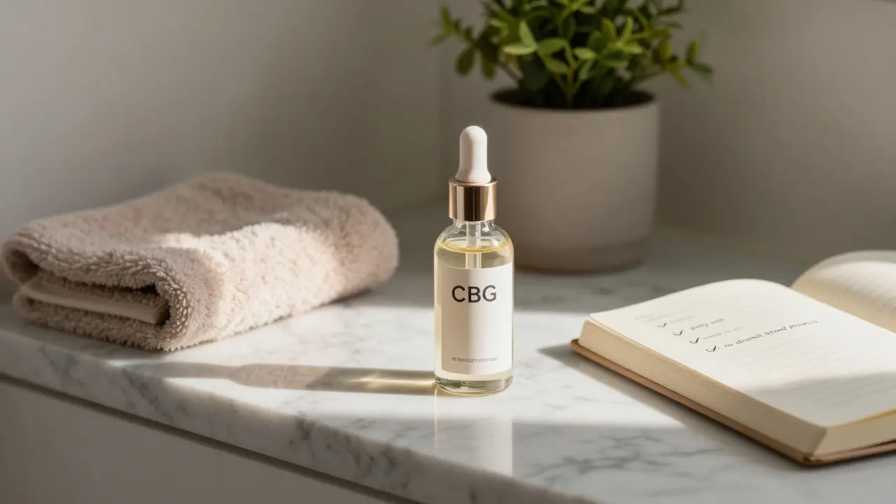 Ein CBG-Serum auf einem Marmorregal neben einem Handtuch und einer Pflanze bei morgendlichem Licht.