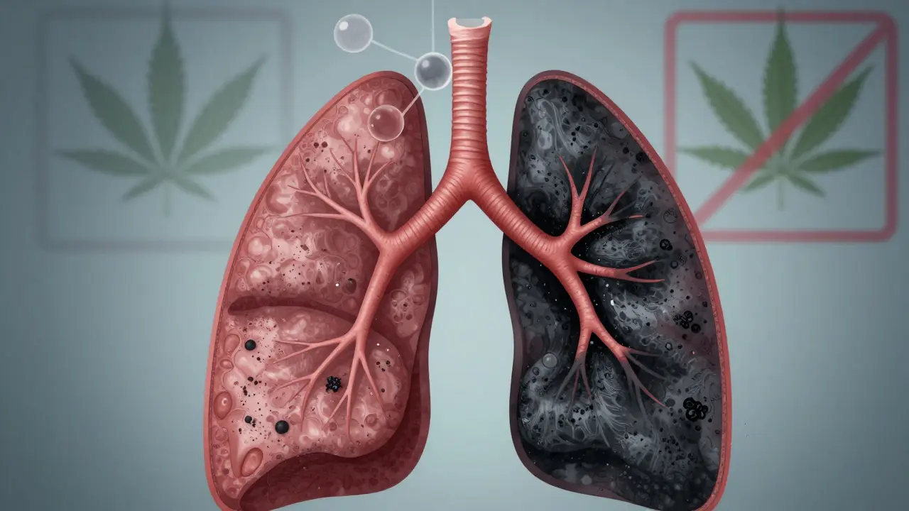Ein durchschnittlicher Lungenquerschnitt mit schadstoffbeladenen Atemwegen und verunreinigenden Rückständen.