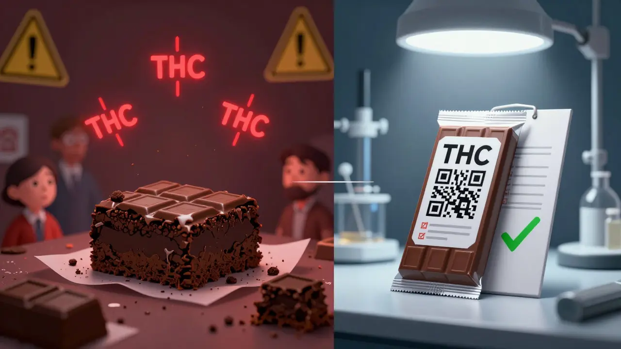 Ein gespaltenes Bild: links ein unmarkierter Kuchen mit Warnsymbolen, rechts eine professionell verpackte Schokolade mit QR-Code und Laboreignung.