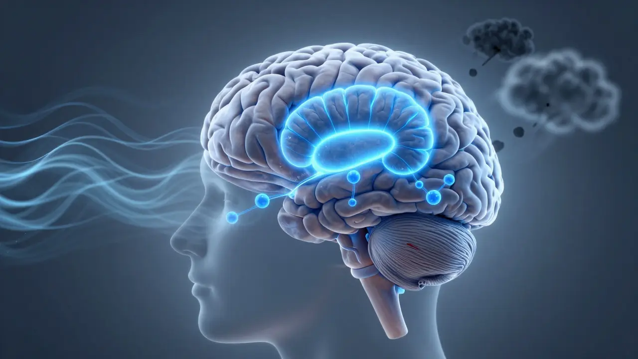 Ein menschliches Gehirn, in dem die Angstregion durch CBD beruhigt wird.