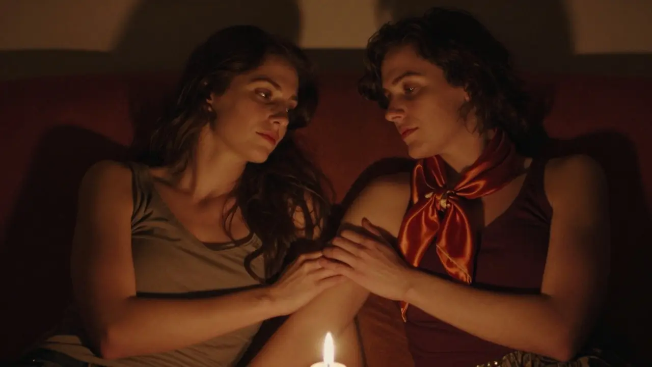 Ein Paar sitzt nah beieinander auf dem Sofa und berührt sich sanft mit einem Seidenschal bei Kerzenlicht.