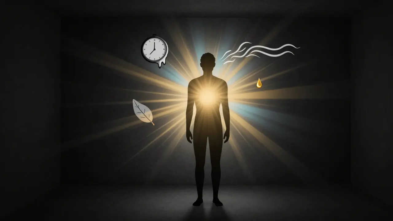 Eine menschliche Silhouette, aus der Lichtstrahlen strömen, symbolisiert erhöhte sensorische Wahrnehmung und innere Ruhe.