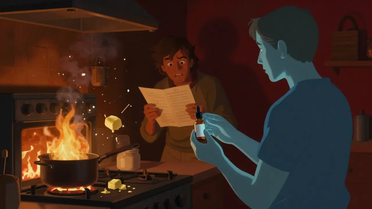 Eine Person hält sicher ein Cannabisöl-Fläschchen, während im Hintergrund eine chaotische, brennende Küche zu sehen ist.