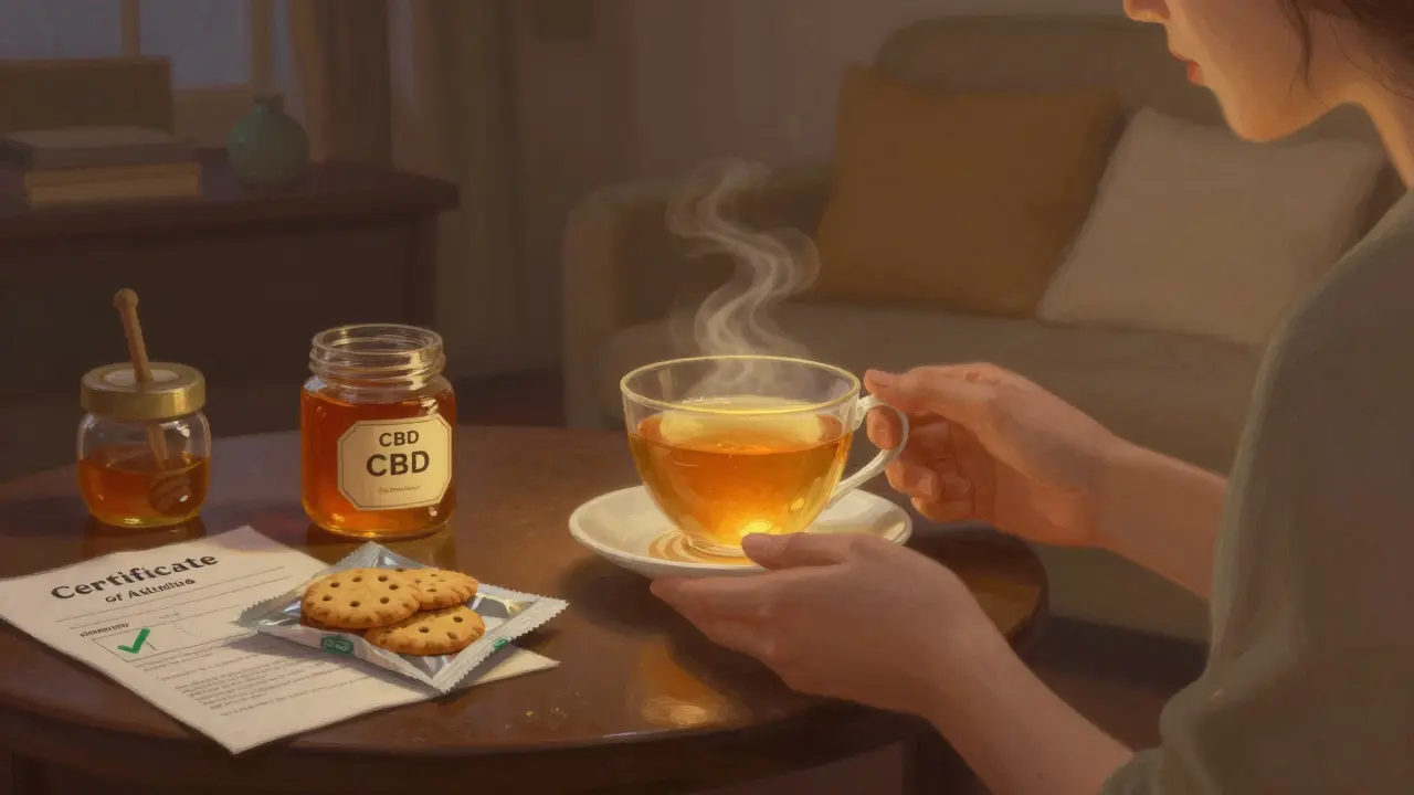 Eine Person trinkt CBD-Tee in einem gemütlichen Zimmer, neben ihr CBD-Honig und -Kekse in ruhiger Abendbeleuchtung.