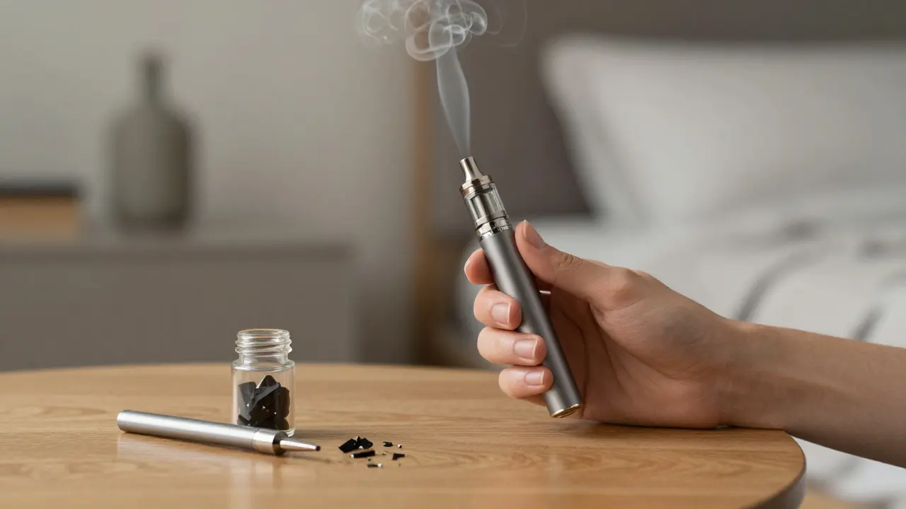 Eine Person verwendet einen CBD-Vaporizer in einem ruhigen Zimmer.