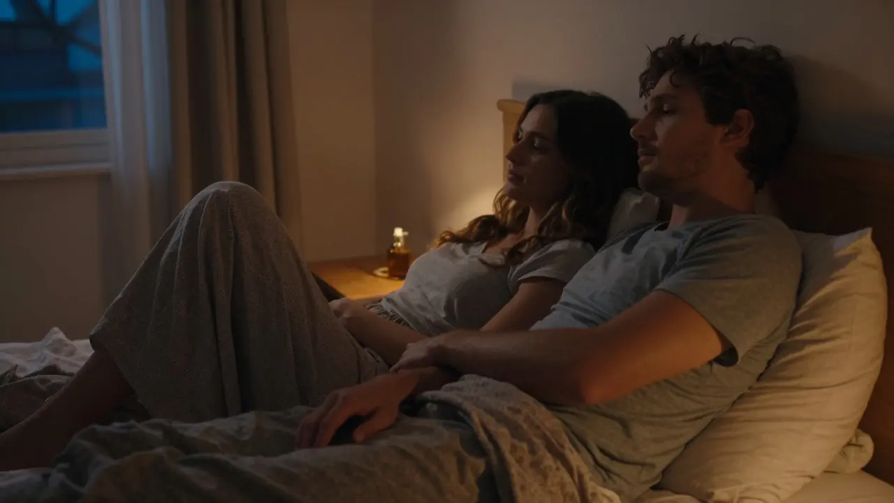 Entspanntes Paar im warm beleuchteten Schlafzimmer, Atmosphäre der Ruhe.