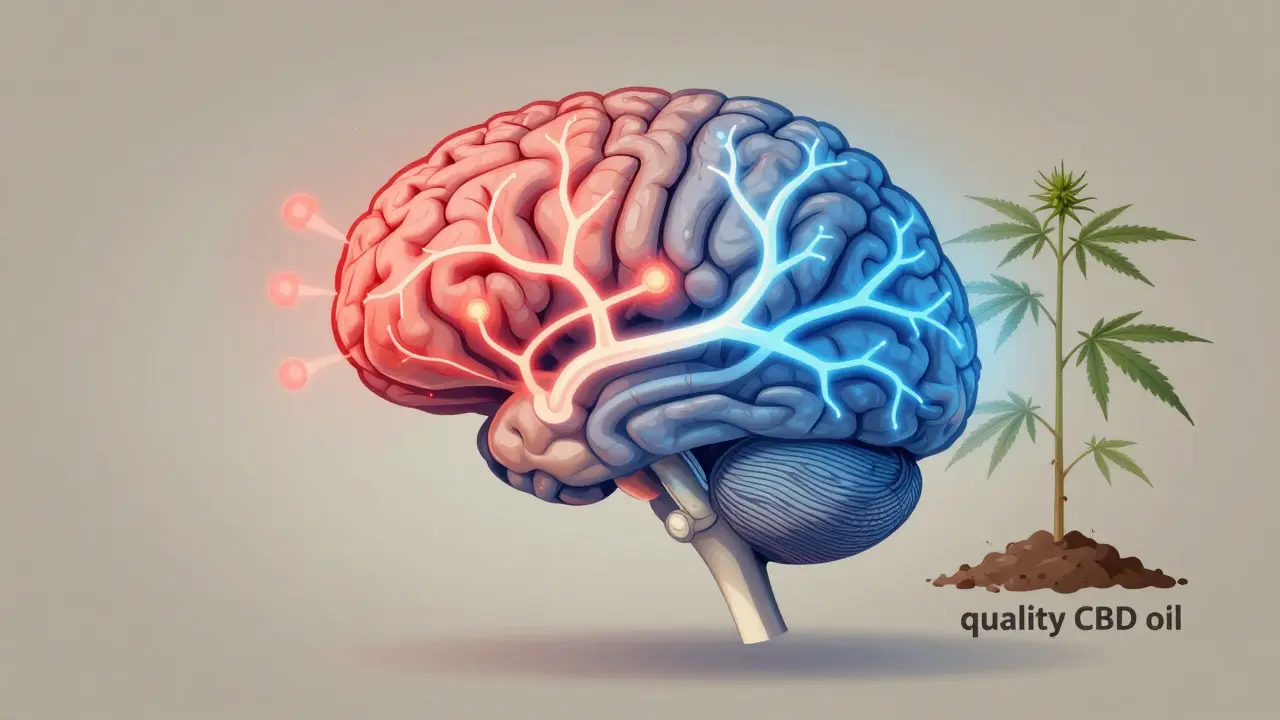 Gehirn mit aktiven Angstsignalen und beruhigenden CBD-Wellen, umgeben von einer Hanfpflanze