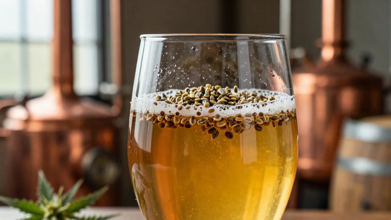 Glas Hanfbier mit Samen und Kräutern in einer Brauerei.