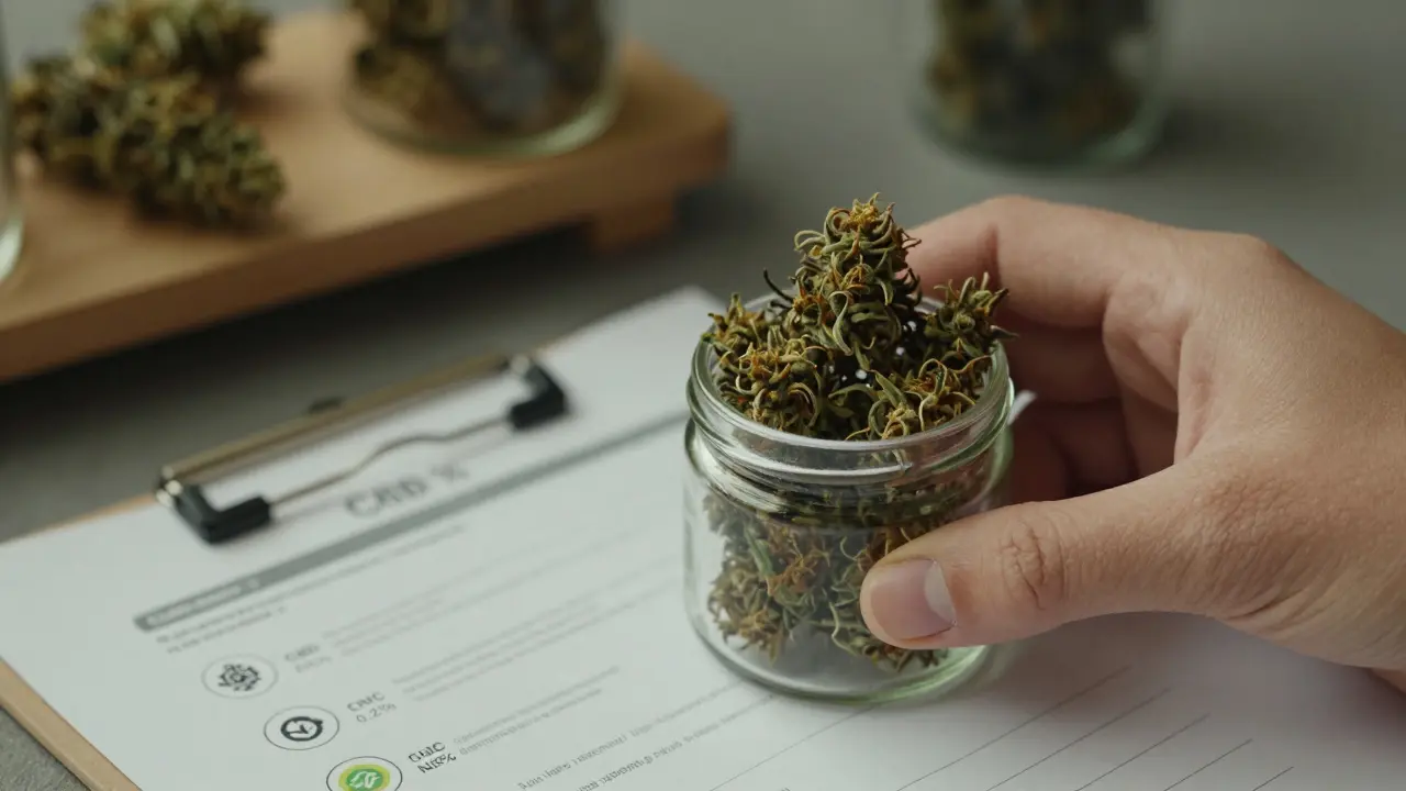 Glasjar mit CBD-Blüten und Labortestbericht, trichomreiche Blüten in goldenem Licht.