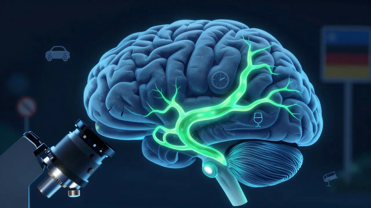 Künstlerische Darstellung eines menschlichen Gehirns mit verlangsamten Nervenbahnen und Symbolen für CBD, Alkohol und Fahrzeug.