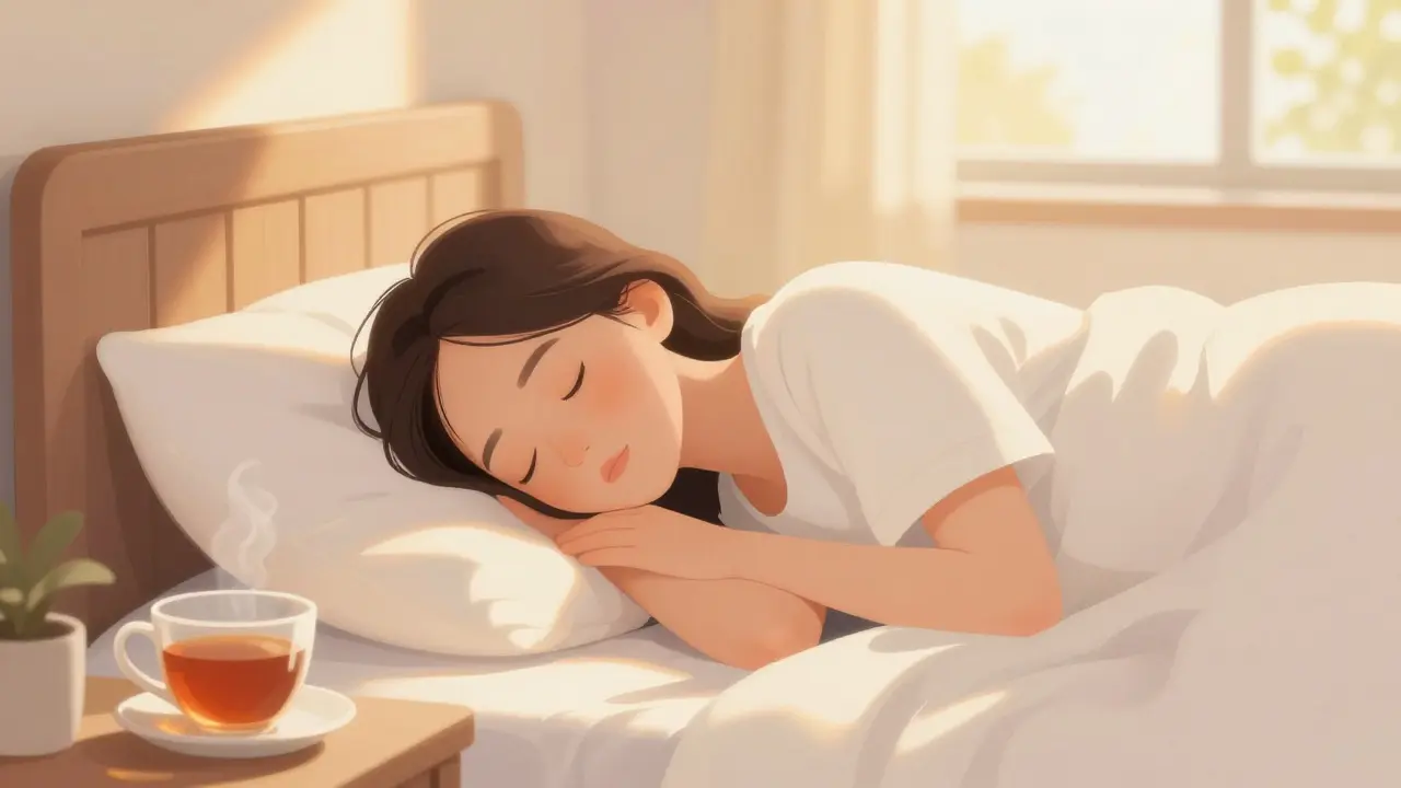 Mensch schläft friedlich im warmen Morgenlicht, entspannt.