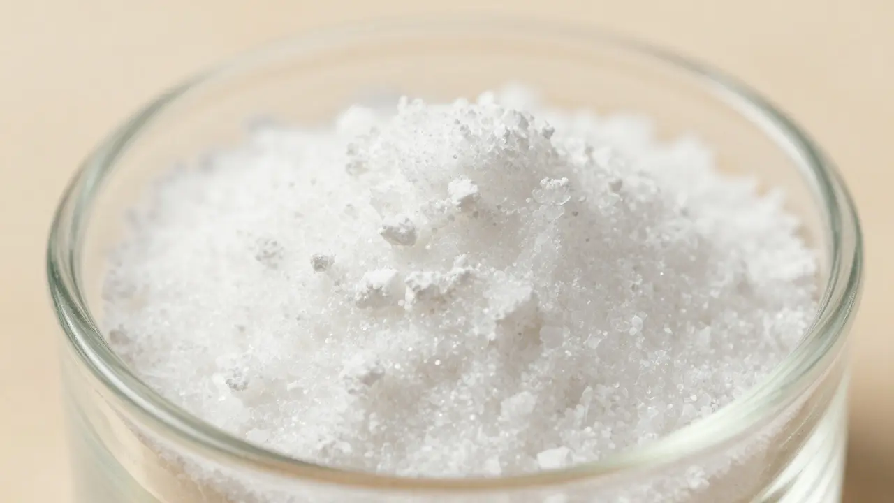 Nahaufnahme von weißem CBD Kristallpulver in Glasbehälter.