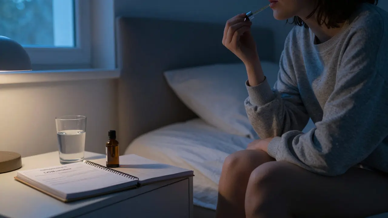 Person nimmt CBD-Öl unter die Zunge in einem ruhigen Schlafzimmer bei Dämmerung