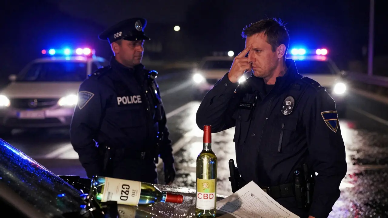Polizist führt einen Koordinationstest an einem Fahrer durch, ein CBD-Wein-Flasche liegt auf der Motorhaube, nächtliche Polizeilichter reflektieren auf nasser Straße.