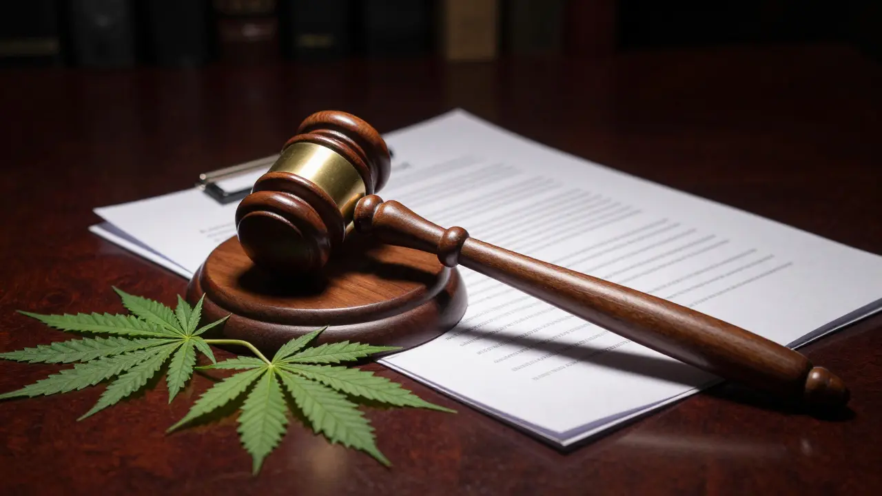 Richterhammer und Hanfblätter auf dunklem Tisch