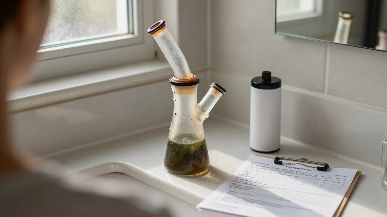 Schmutziger Bong mit schimmeliger Flüssigkeit neben einem Vaporizer und einem medizinischen Befund.